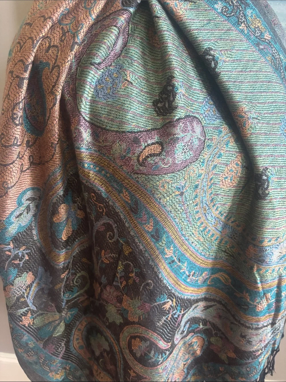 100% Pashmina Paisley Scarf Shawl Wrap – Teal, Pink & Gold. Purchased in India